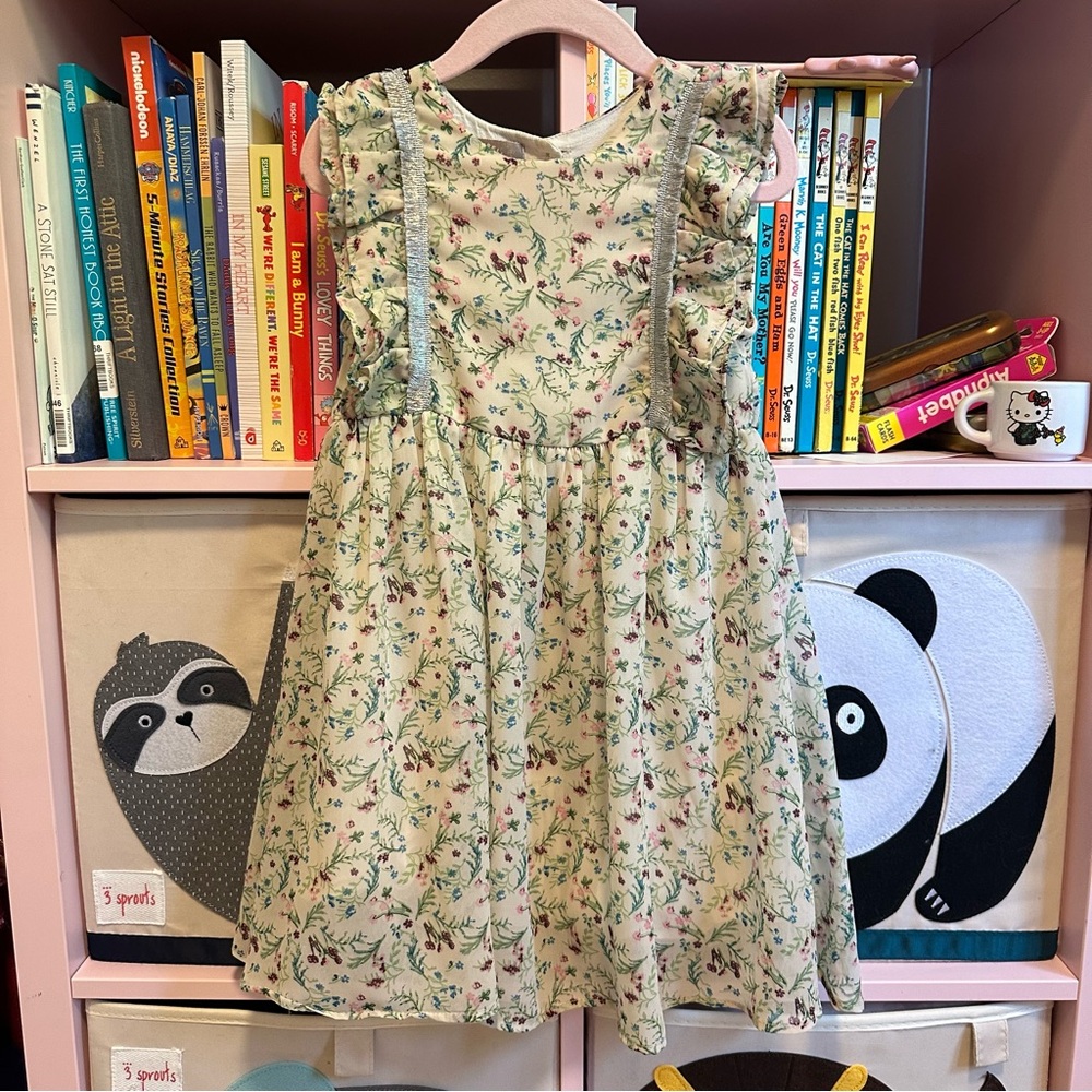 Pastourelle Cream and Silver Floral Flutter Sleeve Dress